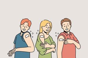 Smiling people showing bandages after vaccination. Happy men and women demonstrate band aids on arm get vaccinated. Healthcare. Vector illustration.