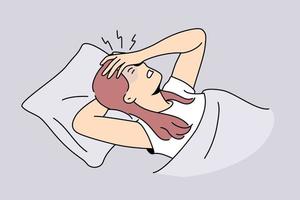 Unhealthy young woman lying in bed suffering from migraine. Unwell girl struggle from headache at home. Healthcare concept. Vector illustration.