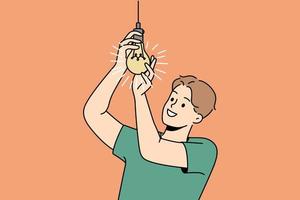 Smiling young man screwing lightbulb at home. Happy guy connect light bulb for light indoors. Vector illustration.