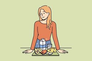 Smiling woman show organic products recommend healthy lifestyle. Happy female nutritionist or dietician with dairy and natural meal. Diet and healthcare. Vector illustration.