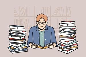 Smart young man in glasses sit in library with pile of books reading. Clever guy enjoy literature studying at desk with textbooks stacks. Vector illustration.