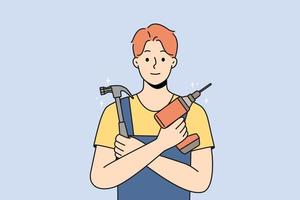 Smiling young male mechanic in uniform holding repairing tools in hands. Happy repairman or engineer with drill and hammer ready for fix. Vector illustration.