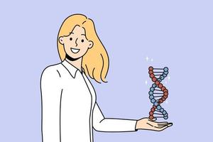 Smiling young woman hold DNA model in hands. Happy female scientist or searcher with DNA spiral. Science and genetics concept. Vector illustration.