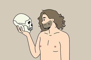 Neanderthal man holding in arms talking to ancestor skull. Prehistoric male with ancient human head braincase in hands. Vector illustration.