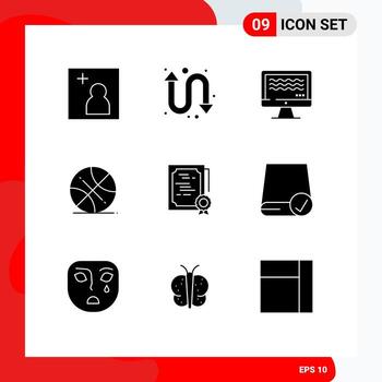 Mobile Interface Solid Glyph Set of 9 Pictograms of stamp document live streaming certificate sports Editable Vector Design Elements