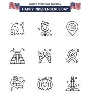 conjunto de 9 iconos del día de los ee.uu. símbolos americanos signos del día de la independencia para la ubicación del helado de crema hito de los ee.uu. elementos de diseño vectorial del día de los ee.uu. editables vector