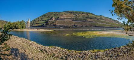 Panoramic view over the Rhine with Bingen mouse tower at water record low photo