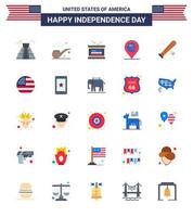 USA Happy Independence DayPictogram Set of 25 Simple Flats of bat ball holiday sign location Editable USA Day Vector Design Elements