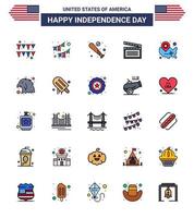 Happy Independence Day USA Pack of 25 Creative Flat Filled Lines of map video ball movis usa Editable USA Day Vector Design Elements