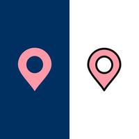iconos de pin de marcador de ubicación plano y conjunto de iconos llenos de línea vector fondo azul