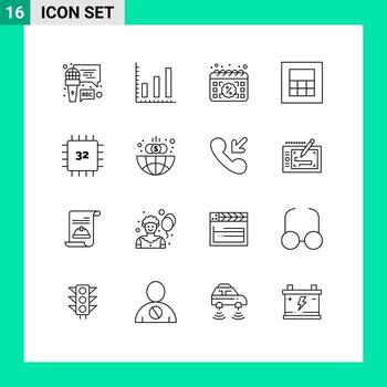 Modern Set of 16 Outlines Pictograph of gadget computers calendar chip calculator Editable Vector Design Elements