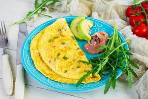 Fried omelette with ham, onion and herbs. Breakfast with scrambled eggs photo