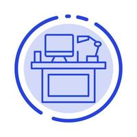 Computer Desk Desktop Monitor Office Place Table Blue Dotted Line Line Icon vector