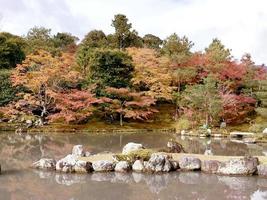 paisaje de hojas de arce otoñales con lago en el parque público de kyoto foto