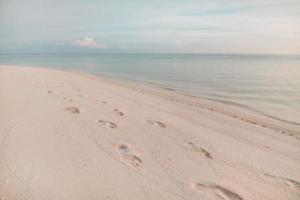 Footprints in the sand at sunset. Beautiful sandy tropical beach with sea waves. Footsteps on the shore. photo