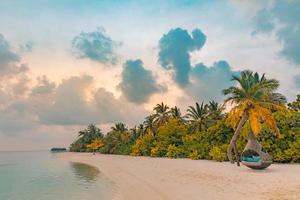 Beautiful exotic paradise nature. Sunset island, coconut trees, colorful sky and ocean water. Tranquil tropical landscape, famous travel destination concept photo