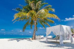 Amazing summer vacation background. Luxury scenery of beach with white beach canopy and loungers. Relaxing paradise island, luxurious tropical landscape. Dream scene, serenity beach, lounge canopy photo