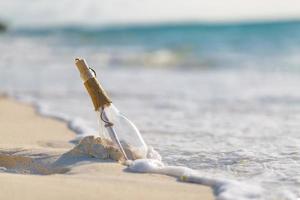 Message in the bottle washed ashore against the sun setting down. Bottle with a message photo