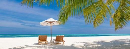 Dream scene. Beautiful palm tree over white sand beach, two sun chairs, loungers near sea. Wonderful summer nature view, tropical landscape. Panoramic scenery for vacation and holiday background photo