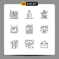 Outline Pack of 9 Universal Symbols of document fast food banking tea saving Editable Vector Design Elements