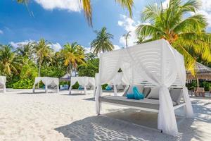 Amazing summer vacation background. Luxury scenery of beach with white beach canopy and loungers. Relaxing paradise island, luxurious tropical landscape. Dream scene, serenity beach, lounge canopy photo