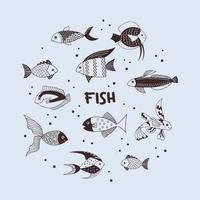 colección de peces dibujados a mano en blanco y negro vector