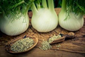 green and white fennel bulbs on olive wood photo