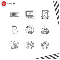 Pack of 9 Modern Outlines Signs and Symbols for Web Print Media such as globe currency console btc shield Editable Vector Design Elements