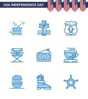 Happy Independence Day Pack of 9 Blues Signs and Symbols for dollar star sheild movies chair Editable USA Day Vector Design Elements