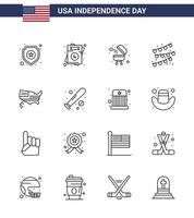 Pack of 16 creative USA Independence Day related Lines of usa map barbecue american party decoration Editable USA Day Vector Design Elements