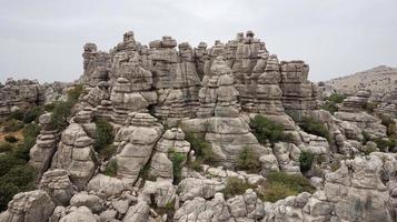 Aerial drone view of the natural monument El Torcal in Antequera, Spain listed as a Unesco world heritage site. A beautiful park decorated with interesting and dramatic natural rock formations. photo