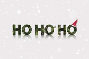 Santa ho ho ho sound made of a fir branch with Santas hat in the end. Winter Christmas theme with snow. photo