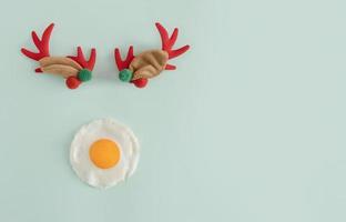 Creative flat lay concept of a reindeer with a poached egg instead of a nose against light pastel mint green color. Christmas and food theme idea with copy space. photo