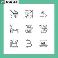 Pack of 9 Modern Outlines Signs and Symbols for Web Print Media such as hour station hammer train carpenter Editable Vector Design Elements