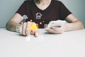 Document Management System DMS, Online document database management, Organization document Organized, automated processes to manage files, ERP enterprise efficient, business technology. photo