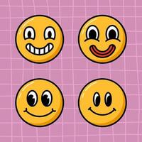 colección de caras de sonrisa maravillosa vectorial. emoji de dibujos animados ambientado en estilo años 80 sobre fondo violeta a cuadros vector