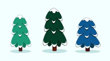 Three spruce in cartoon style. Different isolated Christmas trees with snow on the branches. Collection of flat trees vector