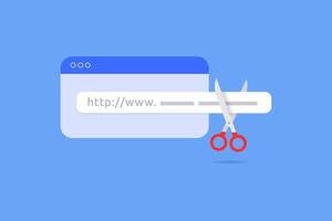 URL cortas y personalizadas, tecnología y generador de acortadores de URL, corte con tijera una barra de direcciones o enlace para hacerlo más corto vector