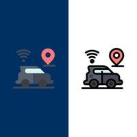 iconos de tecnología de mapa de ubicación de coche plano y conjunto de iconos rellenos de línea vector fondo azul