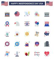 Modern Set of 25 Flats and symbols on USA Independence Day such as irish drum paper american bag Editable USA Day Vector Design Elements