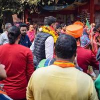 Delhi, India, December 02 2022 -Bharatiya Janata Party BJP supporter during mega road show in support of BJP candidate Pankaj Luthara to file nomination papers ahead of MCD local body Elections 2022 photo
