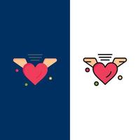 amoroso amor corazón boda iconos planos y llenos de línea conjunto de iconos vector fondo azul