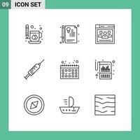 Pictogram Set of 9 Simple Outlines of shot vaccine seal injection education Editable Vector Design Elements