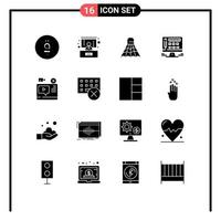 Mobile Interface Solid Glyph Set of 16 Pictograms of youtube record shuttlecock video screen Editable Vector Design Elements