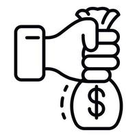 Hand take bribery money bag icon, outline style vector