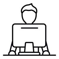 Man at computer icon, outline style vector