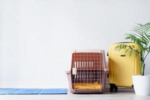 portador de plástico para mascotas o jaula para mascotas con estuche de viaje amarillo en el suelo de la casa, rincón para mascotas portador de plástico para mascotas o jaula para mascotas con estuche de viaje amarillo en el suelo de la casa, rincón para mascotas foto