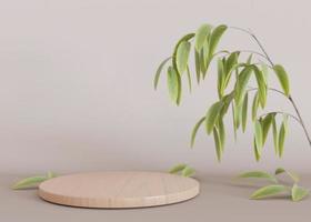 Wooden podium with leaves and plants on beige background. Podium for product, cosmetic presentation. Natural mock up. Pedestal or platform for beauty products. Empty scene with copy space. 3D render. photo