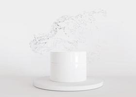 White and blank, unbranded cosmetic cream jar standing on podium, with water splash. Skin care product presentation on white background. Modern mock up. Jar with copy space. 3D rendering. photo