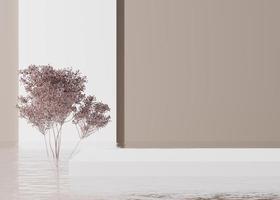 Podium standing in water, with plant, on the cream background. Beautiful mock up for product, cosmetic presentation. Pedestal or platform for beauty products. Empty scene, stage. 3D rendering. photo